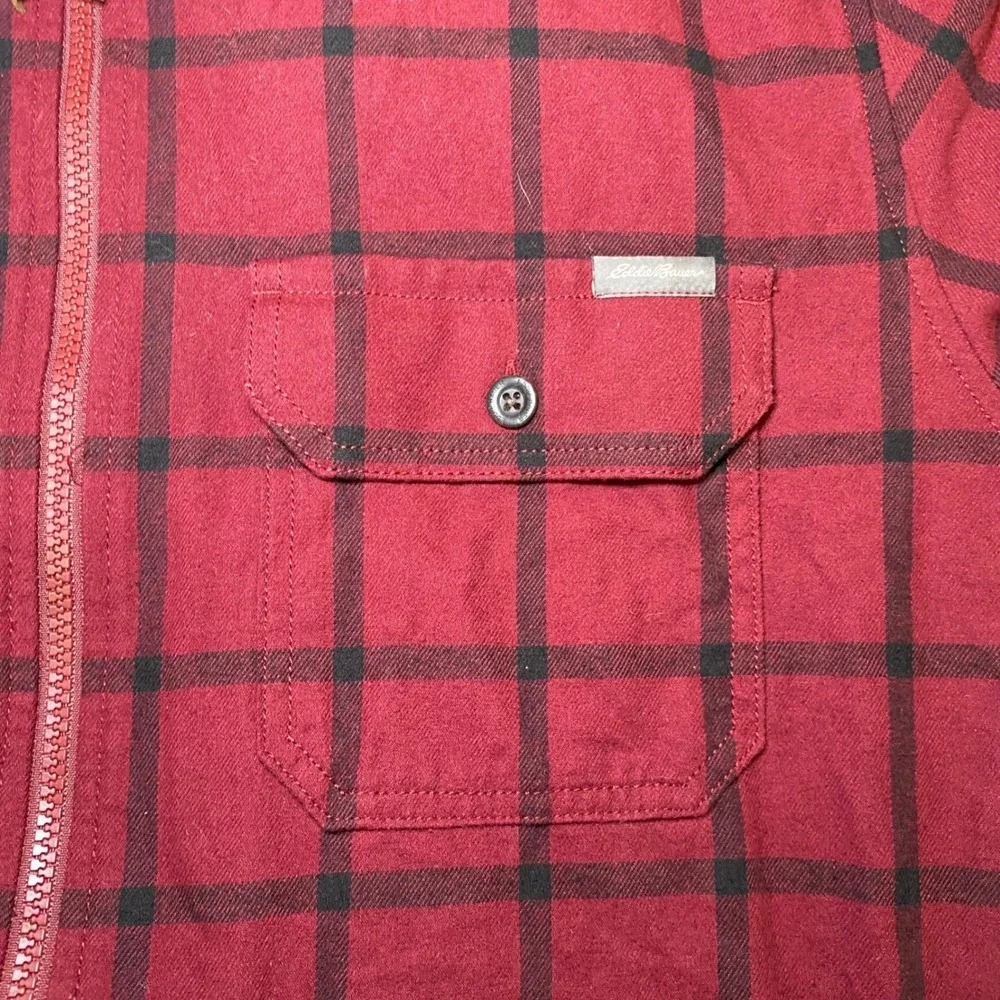 Eddie Bauer Shirt Jacket Mens TL Red Plaid‎ Flannel Fleece Lined Zip